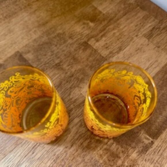 Vintage Libbey Amber Ombre Floral Paisley Glasses Set of 2 Mid-Century Juice or - Picture 4 of 5